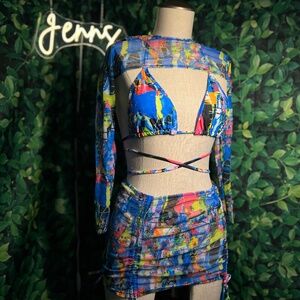 Colorful Mesh 3-Piece Rave Set | Festival Skirt, Top & Shrug